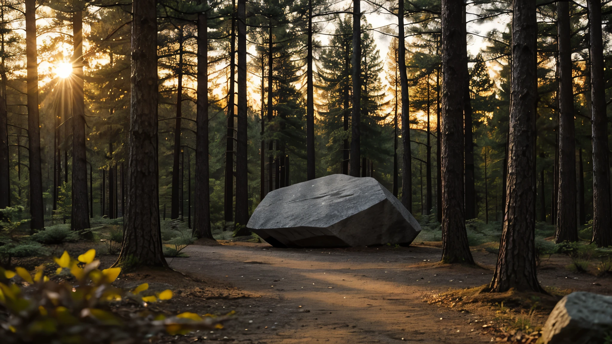 large grey stone in a dark forest at sunset