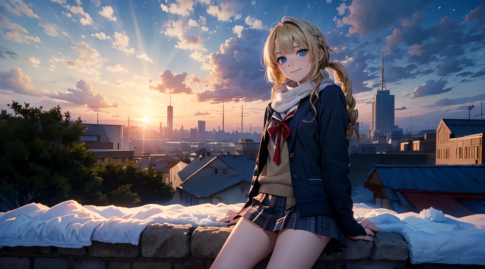 fullnude, masutepiece,8K,octans, Skysky, stele(Skysky), landscapes, starrysky, natta, looks at the camera, (Legs without stockings:1.iercing gaze, nigh sky, report, plein air, built, clouds, milkyway, City, silhuette, Cityscape,(Short, Low twin-tailed blonde hair:1.2), (Deep Blue Eyes:1.3, piercing gaze, small smile, (winter school uniform:1.1)