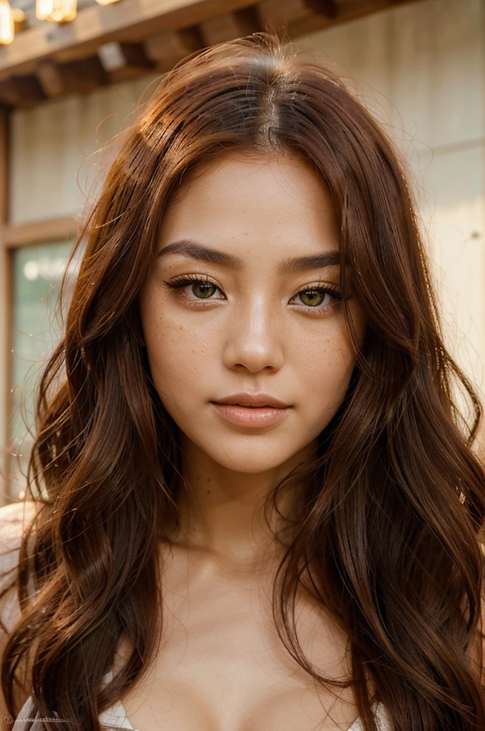 Create a gorgeous Asian influencer girl with long, wavy fiery red hair, emerald green eyes with bright flecks of gold, a delicate face with light freckles and almond-shaped eye features. Her expression must be sunny and confident, with full lips and a diaphanous, luminous complexion. Makeup should be natural, highlighting her beauty. Make the image eye-catching and suitable for social media