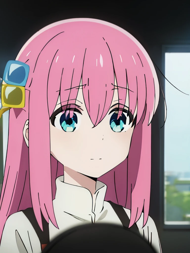 Bocchi, cube hair ornament, pink hair, long hair, blue eyes, hair between eyes,bangs, sidelocks