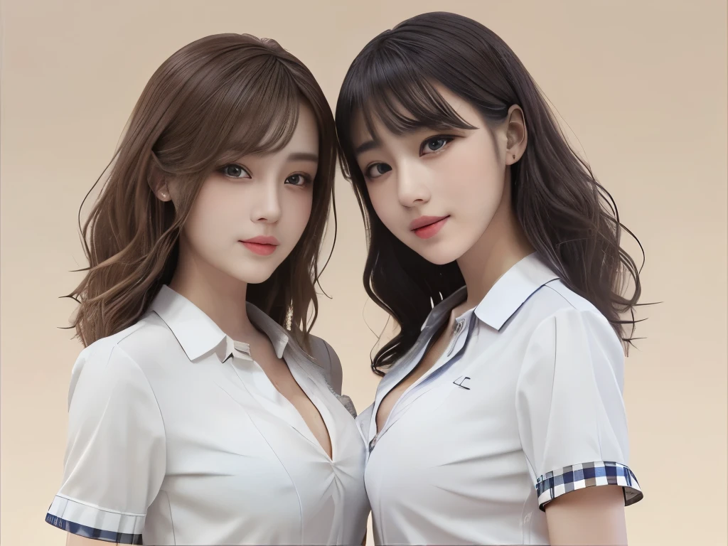 yuri, (2 girls:2), Cowboy Shot, Japanese, 17 year old supermodel, the body is slim, high school girl, (from before), (highest quality:1.4), 32K resolution, (Realistic:1.5), (Ultra-realistic:1.5), High resolution UHD, (masterpiece:1.2)), (Improvement of quality:1.4), (Very beautiful facial details), (highest qualityのリアルな肌の質感:1.4), (Perfect Anatomy:1.2), (), ((school uniform)), (( White short sleeve blouse shirt:1.21)), Cleavage cutout, , , ((navy check pleated skirt:1.1)), , ((background color is yellow:1.15)), Accurate Fingers, Very detailed, Symmetrical eyes, Thin lashes, Thinly trimmed eyebrows, (View your viewers), Natural Makeup, [Pink lipstick], ((A great eye for quality:1.2)), (tired, Sleepy and satisfied:0.0), (Beautiful Lips:1.33), (Great nose:1.2), ((Physically Based Rendering of the Background:1.37)), (Mid-chest), Tight waist, (Heavy chest:1.05, Slim lower body), Shiny brown hair, bangs, (Natural Wave Hair :1.37), , Gentle light illuminates the face and body, Arms at your sides, Happy laughter, , , 
