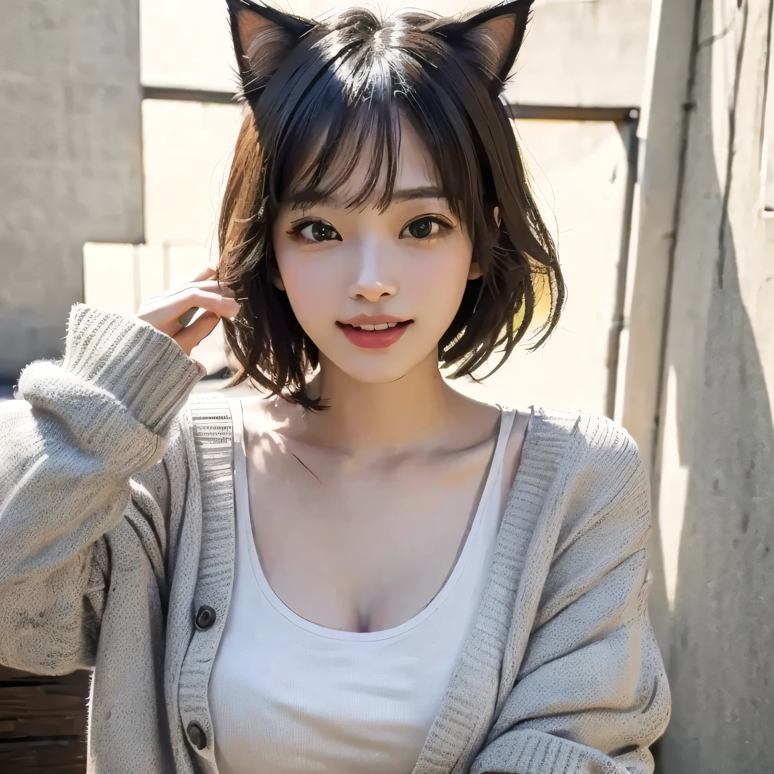 {{{masterpiece}}}, Wearing a stylish summer cardigan, Nyan Nyan Pose, Laughing with open mouth, (masterpiece, best quality),1 cat girl, {Very delicate and beautiful}, (alone:1.5), (highest quality:1.2), (Ultra-high resolution, Realistic, RAW Photos:1.4), 8k, Cinema Lighting, Beautiful lighting, professional,  The best masterpiece,  She is wearing a light grey summer cardigan., Attractive cat girl in a white tank top, Very beautiful cute cat girl, Beautiful young cat girl, Real life anime cat girl, Beautiful Asian Cat Girl, Japanese Model, Realistic young gravure idol, Beautiful Japanese girl face, Beautiful Korean Women, Cat-eared girl, Beautiful young Korean woman, Realistic cat ears, Short Hair, Open your mouth, smile, Open your arms, wave hands, 