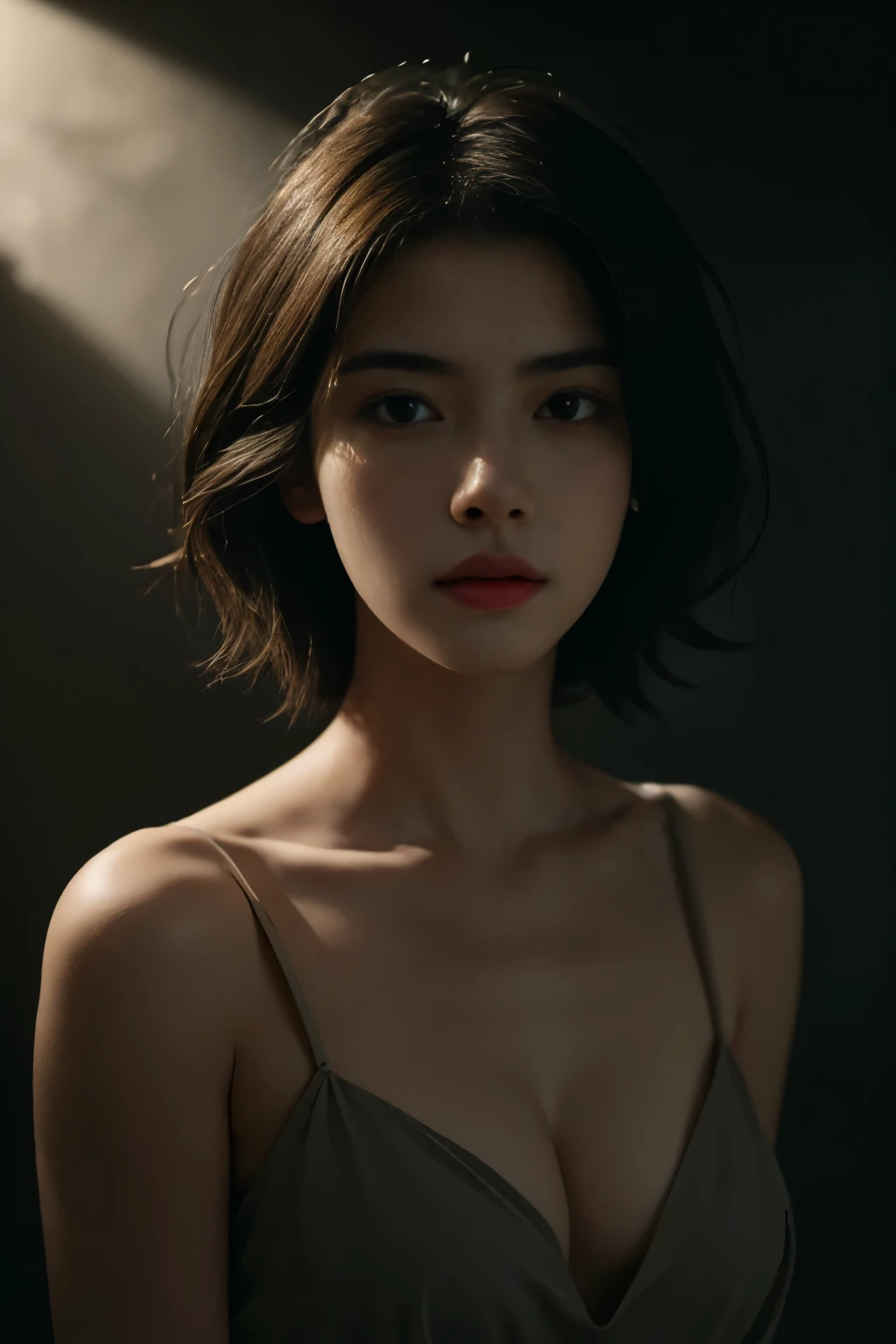 Best quality, masterpiece, ultra high res, (photorealistic:1.5), raw photo, 1girl,, in the dark, deep shadow, low key, cold light, sexy look, short hair, smooth , Deep neckline, strap slip off arm, ample bust.