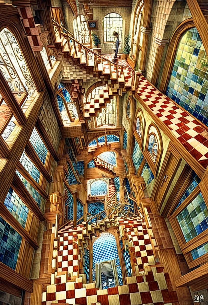 a Classic luxury villa, indoors, rooms, stairs leading to several tiled checkered floor platforms, infinity architecture impossible geometry, surrealist stairways everywhere, staircase fractals, photographic depth of field, caustics, 