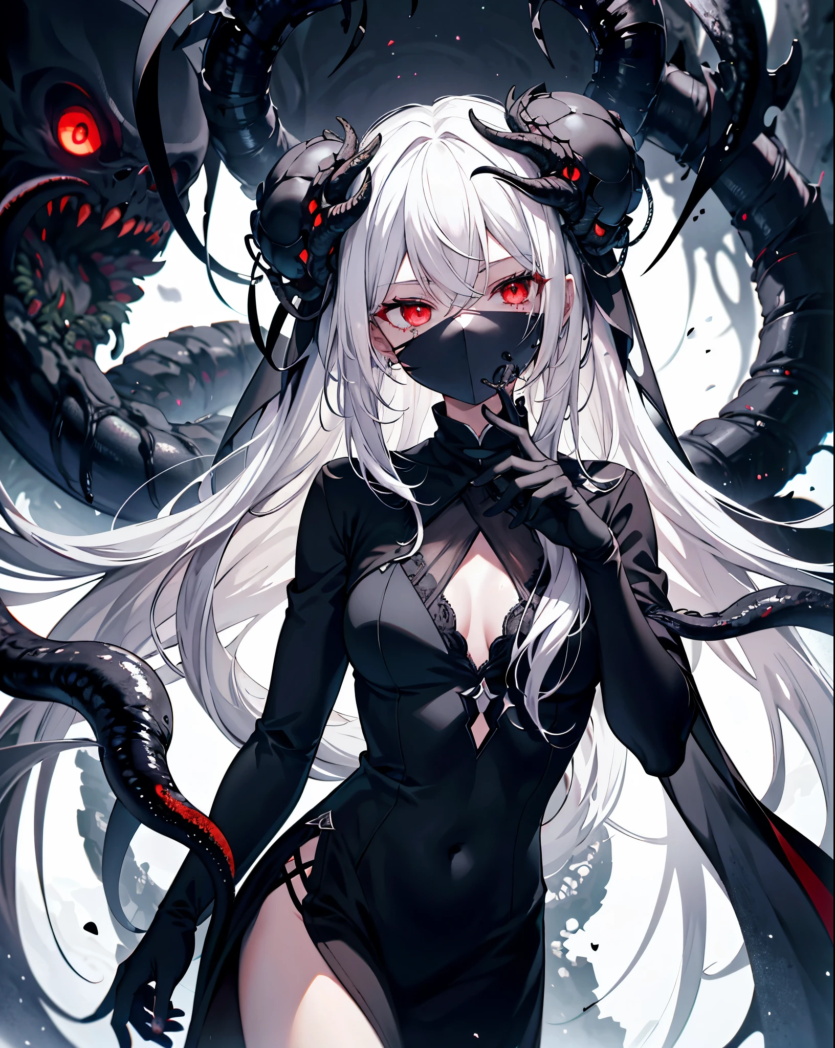 1girl,Solitary，masterpiece，best quality，white hair，white hair，white hair，Red Eyes，Black，dark，Cypress scraper，shadow，douchebag，sneer，Overlooking，黑色的shadow，Black viscous liquid，gloomy，Dark，stable，Cthulhu，Face mask，（Black slime：1.5），Black Blood Tears，Compound，cloak，Tentacles，girl，nun，masterpiece, best quality, best quality,amazing,美丽的Red Eyes,fine details,Depth of Field,Extremely detailed CG unified 8k wallpaper, masterpiece,(((dark white hair))),leader,(Dark mist),{Flowing hair},{Thick skull},(Beautifully detailed ruins),{Character Close-up},(((whole body))),(Smooth and radiant skin),(Smooth face、radiant hair),Perfect details