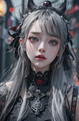 highest quality、8k、masterpiece:1.3、Gothic Punk、The inner color is red、Gray Black Hair、hair ornaments、beautiful girl、creative、Dark Fantasy Style、Neogoth、Goth Fashion:1.2、High resolution、masterpiece、highest quality、頭w:1.3、((Hasselblad Photos))、Fine skin、Sharp focus、(Cinema Lighting)、Realistic textured hair