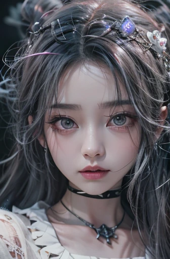 highest quality、8k、masterpiece:1.3、Gothic Punk、The inner color is red、Gray Black Hair、hair ornaments、beautiful girl、creative、Dark Fantasy Style、Neogoth、Goth Fashion:1.2、High resolution、masterpiece、highest quality、頭w:1.3、((Hasselblad Photos))、Fine skin、Sharp focus、(Cinema Lighting)、Realistic textured hair