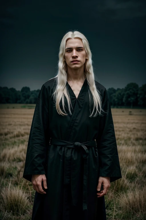 a young man,Exquisite facial features,Cold expression,Long white hair with evil eyes,The grassland is fluttering at night,There are woods in the distance behind, wearing black robes