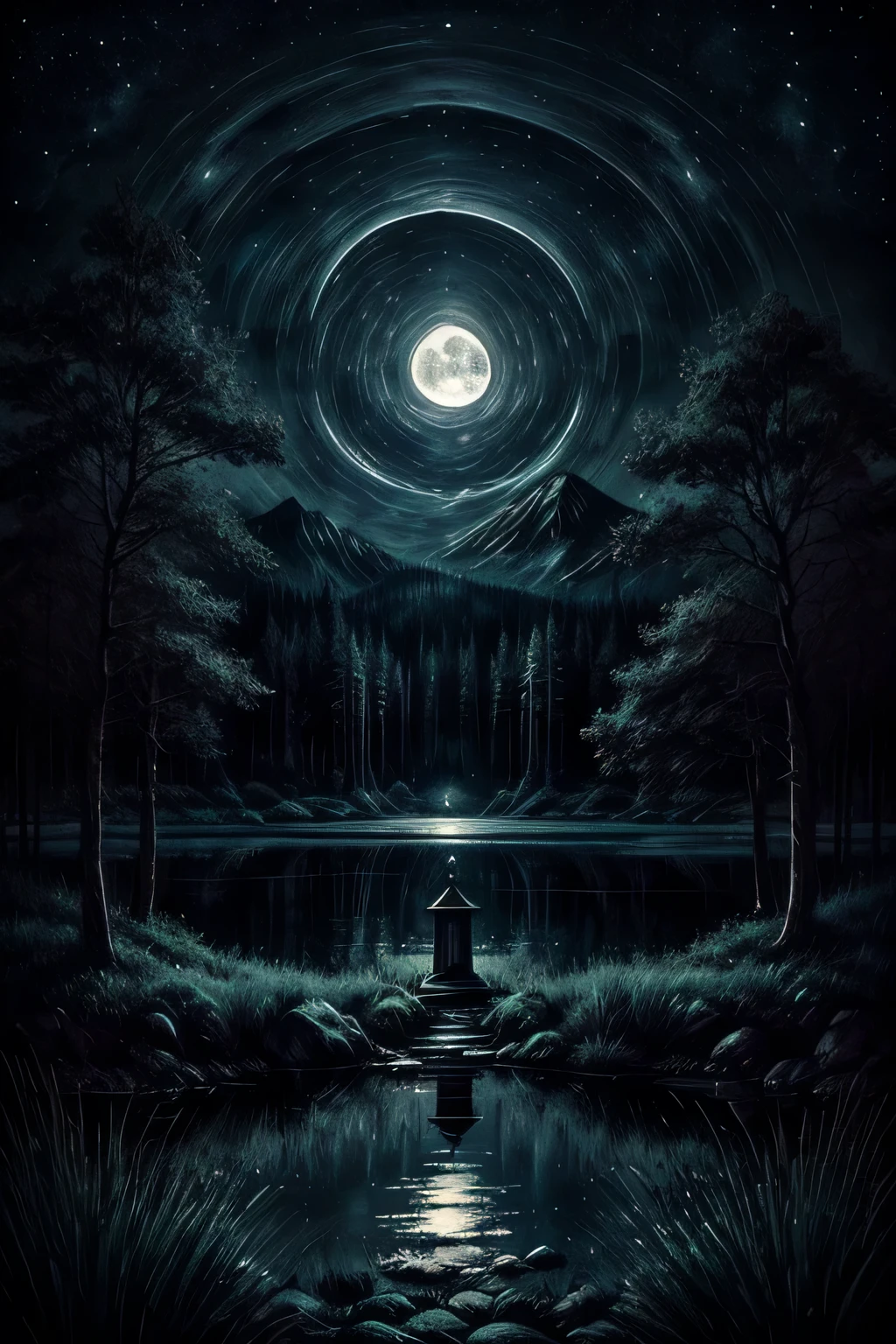 Create a dark and gothic image of a lake at night. In the center of the lake, there is a prominent, solitary tombstone. The tombstone should be ancient and detailed, with engraved inscriptions and gothic decorations. The moonlight reflects on the water, creating a beautiful and mysterious effect. Despite the macabre setting, the colors should be lovely and captivating. The atmosphere is melancholic and serene, with a starry night sky and deep shadows around the lake. The style should be gothic with an aesthetic touch, highlighting the beauty in the darkness and focusing on the tombstone as the central element