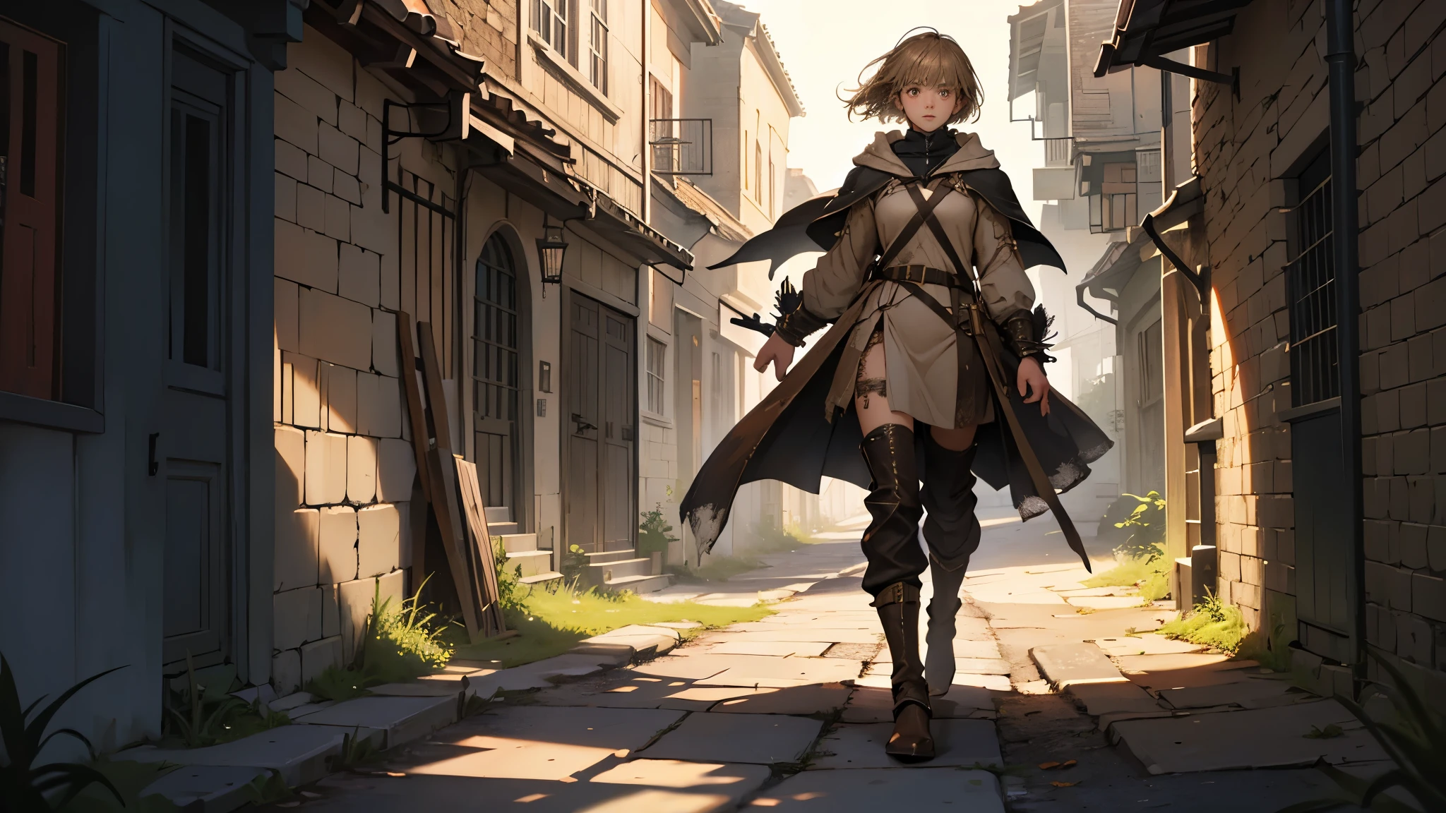 masterpiece, ultra detailed, 8K Portrait, Raw photo, a portrait photo of girl, Highly detailed face, beautiful and meticulous eyes, ((Fantasy)), , young girl, little, darde short hair, brown eyes, Kind face, skinny, (dirty and tattered clothes), dirty and tattered hooded long white coat Fluttering in the wind, ((bare foots)), Midday Sun, Hyper realistic, in a medieval back alley, Ambient lighting, Shadow details , strong breeze, Light fog