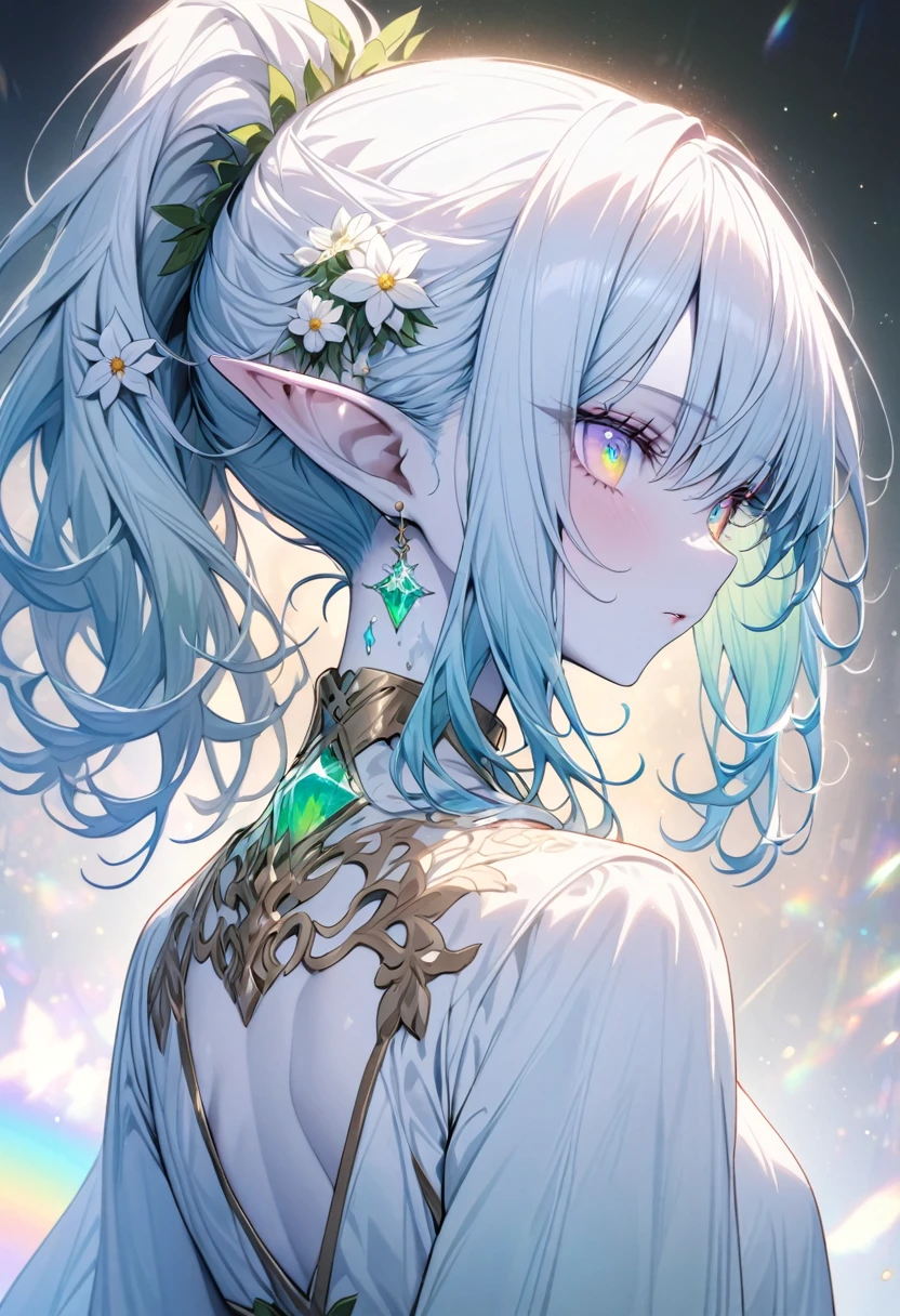 rukkhadevata, elf ears, white hair, very long hair, wavy hair, hair ornament, ahoge, green eyes, medium breast, chest tattoo, gold choker, white dress, golden belt, wide sleeves, detached sleeves, gold trim, hair ornament, outside in a white gazebo, lots of flowers, plants, butterflies, sparkles, iridescent light, sunny day