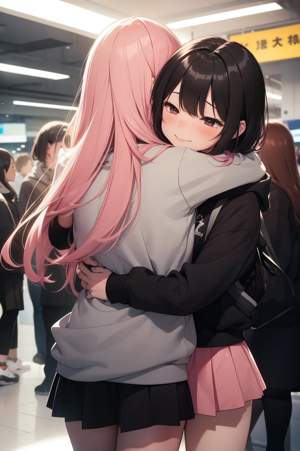 2 girls, happy, embracing, long absence, 1 girl, long golden hair, 15 years old, 1 girl, black short hair, 15 years old, black hoodie, pink skirt, arms through back, hug, airport, look at each other, blush, crying