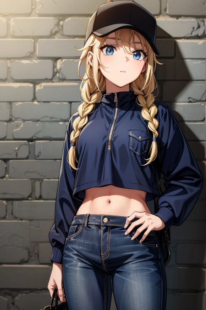 (((grayscale)))(masterpiece:1.2, best quality), (graffiti wall:1.15), super fine illustration,vibrant colors, masterpiece, sharp focus, best quality, depth of field, cinematic lighting,ultra detaile,a woman in baseball cap, baseball jersey, jeans, and long blonde hair posing against a brick wall near a brick wall, 1girl, solo, navel, long hair, denim, pants, hat, blue eyes, blonde hair, braid, baseball cap, crop top, long sleeves, hand on headwear, stomach, jacket, looking at viewer, breasts, jeans, black headwear, midriff, zipper pull tab, blue jacket, cowboy shot, zipper, twin braids, holding bag, cropped jacket,Eiko Tsukimi, blue eyes, braid, twin braid,(((blonde hair))),baseball cap,