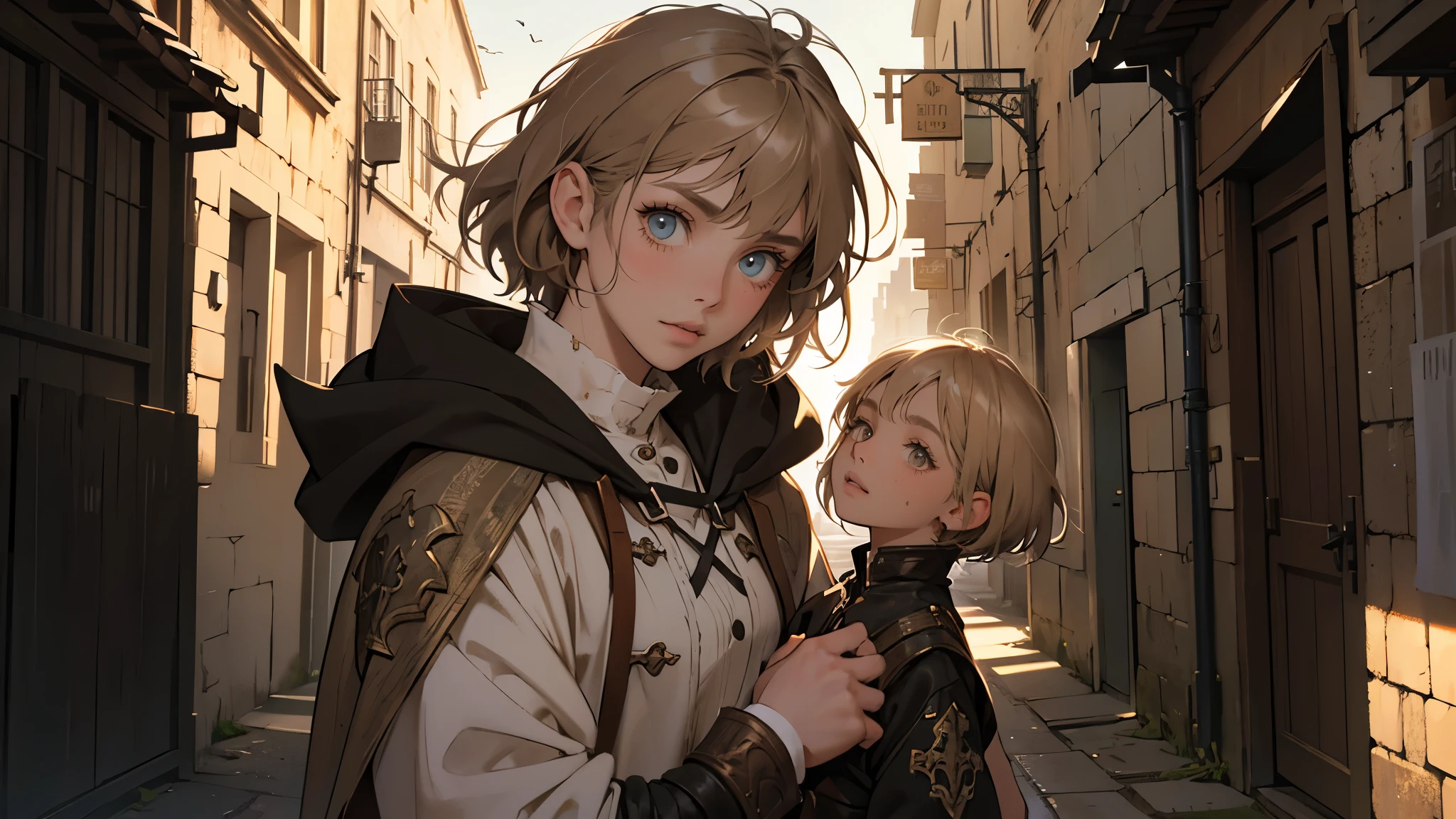 masterpiece, ultra detailed, 8K Portrait, Raw photo, a portrait photo of girl, Highly detailed face, beautiful and meticulous eyes, ((Fantasy)), 10 year old, young girl, little, dark blonde short hair, brown eyes, Kind face, skinny, (dirty and tattered clothes), dirty and tattered hooded long white coat Fluttering in the wind, ((bare foots)), Midday Sun, Hyper realistic, in a medieval back alley, Ambient lighting, Shadow details , strong breeze, Light fog