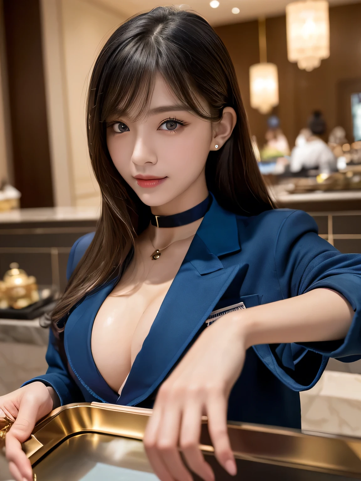 (highest quality, masterpiece:1.3, 超A high resolution), (Very detailed, Caustics), (Realistic:1.4,RAW shooting,)Ultra-Realistic Capture,Very detailed,High resolution 16k, Human skin close-up, The skin texture is natural, It must be detailed enough to be easily identifiable.。 Skin should look healthy and have an even tone。 Use natural light and color, ((Dark Blue Blazer:1.4)), ((the body is slim)), girl, Japanese, 18-year-old, cute, Long Hair, Big Breasts, smile, Turn your body forward, (View from the front:1.1), Looking into the camera,vision, focused on the chest, Light brown hair, ((Black choker)), very long, bushy eyelashes, blue eyes, bangs、Luxury Hotel Lounge, Marble wall, sofa, ((Portions on a tray, luxurious counter, over the counter:1.4)), Big Breasts, Red lips, The background is marble wall