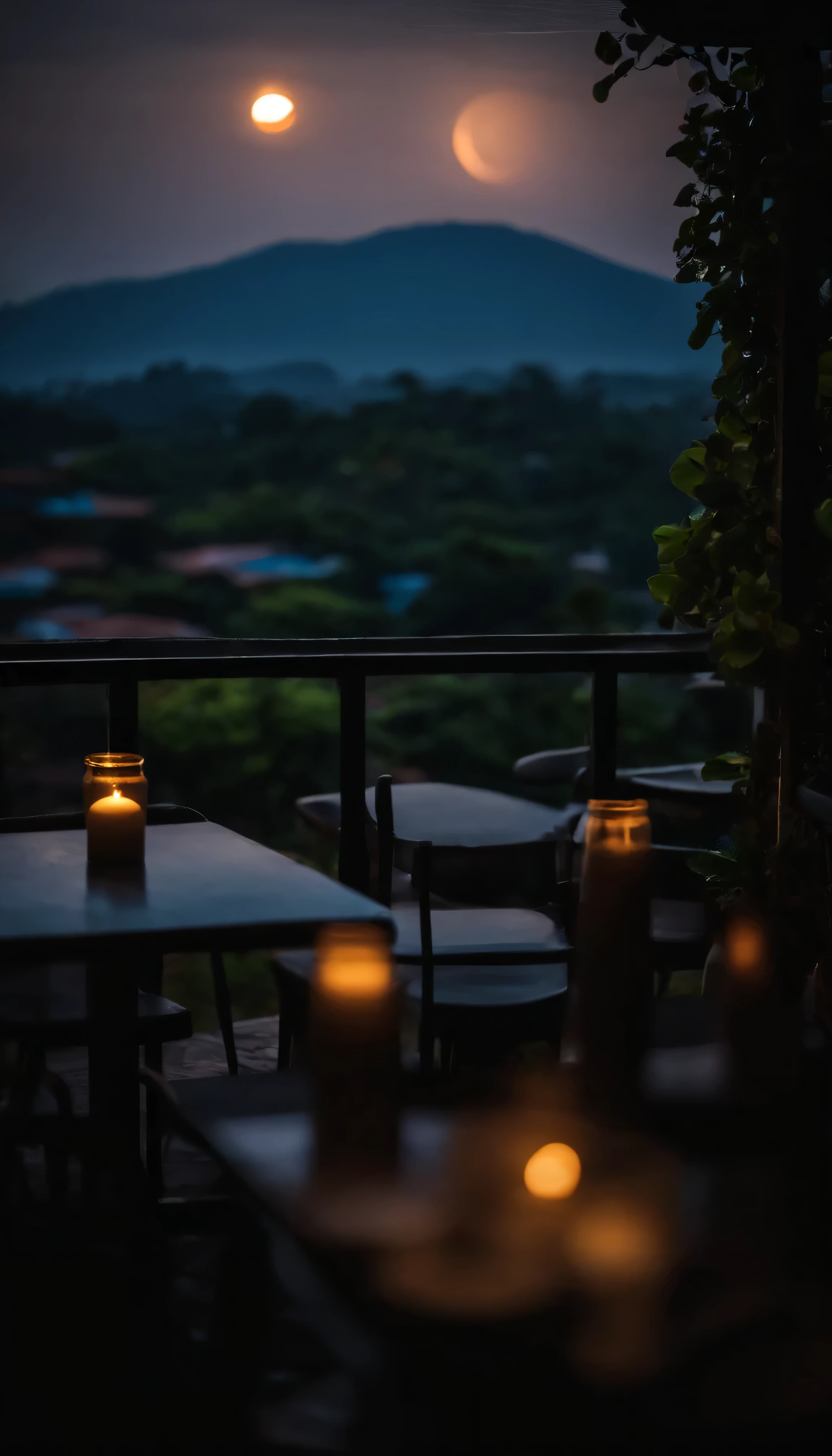moon, the sun has set, Bogor peak, night lights, cafe dimly lit, view out the window, Villa, Midnight
