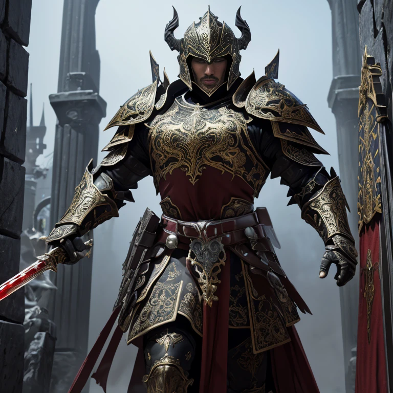 master piece, best quality, 4k, (master piece:1.5), (best quality:1.5), 8k,wallpaper, Full Body, A Male dark fantasy knight wearing an intricate elaborate baroque white armor with black ornaments, hoplite general helmet, blood red large tunic, wearing a long spear, in front of a giant gate, front gate background, ethereal lighting, sharp focus