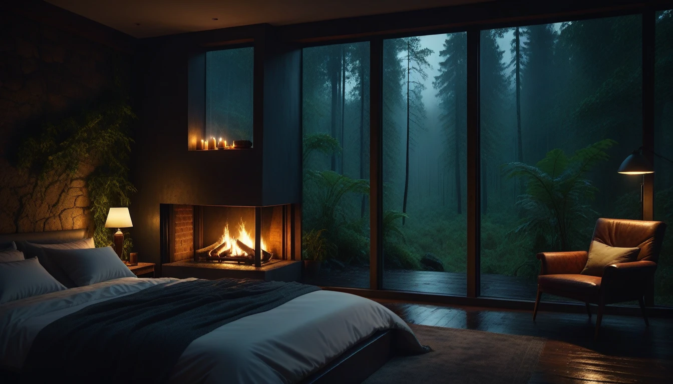 Bedroom view with fire in the fireplace in the room, large windows overlooking the forest, quiet night. original image, rainy day. original rendering, rainy night, gloomy cinematic lighting, atmosphere, moody scenes, dramatic lighting. cinematic, cinematic, atmospheric shots, gloomy weather. hyperrealistic, atmospheric rendering, rainy night, huge forest, cinematic, 4k, ultra hd, atmospheric and gritty details, beautiful and cinematic lighting, rainforest