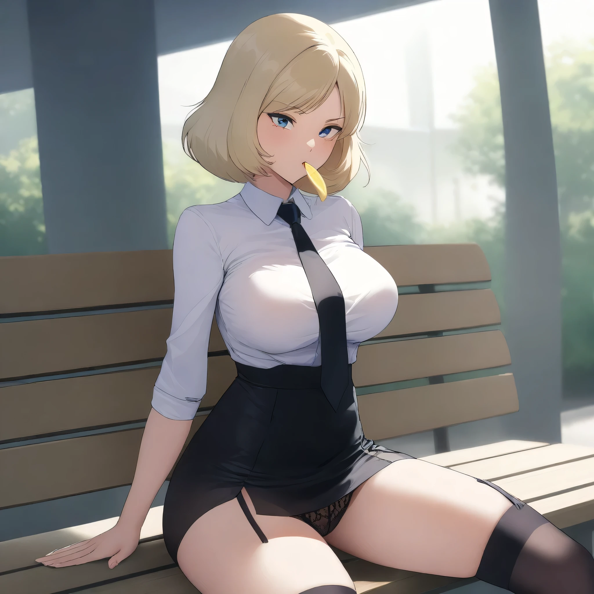 score_9, score_8_up, score_7_up,score_6_up, score_5_up, highly detailed, lighting and shadowing, light and shadow, high res, 1girl, sayla mass, gundam , opaque white shirt with tie, black (tight skirt:1.2), black thigh high stockings with garter belt, sitting on the bench in the crowded park, spreading thighs, eating a slice of lemon, sunlight coming through the window, giga_busty, detailed lace panties, (button_gap:-0.5), masterpiece, best quality, very aesthetic, absurdres