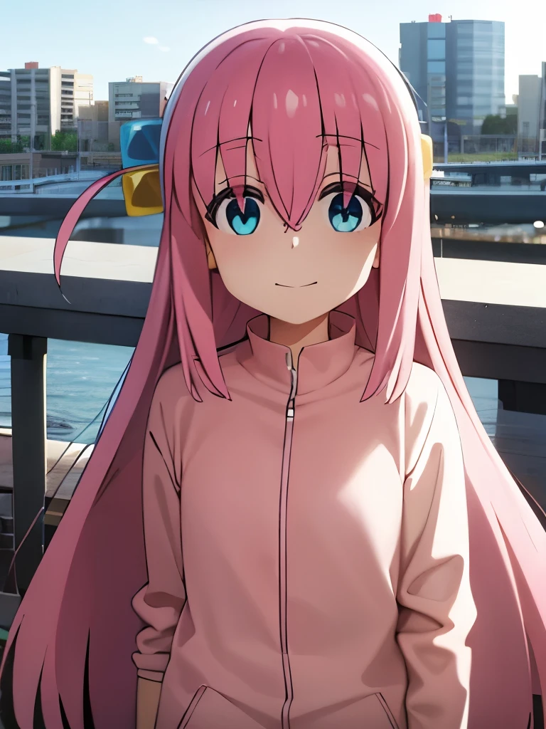 Bocchi, cube hair ornament, pink hair, long hair, blue eyes, hair between eyes,bangs, sidelocks, smile mouth, face of happiness, A city scape