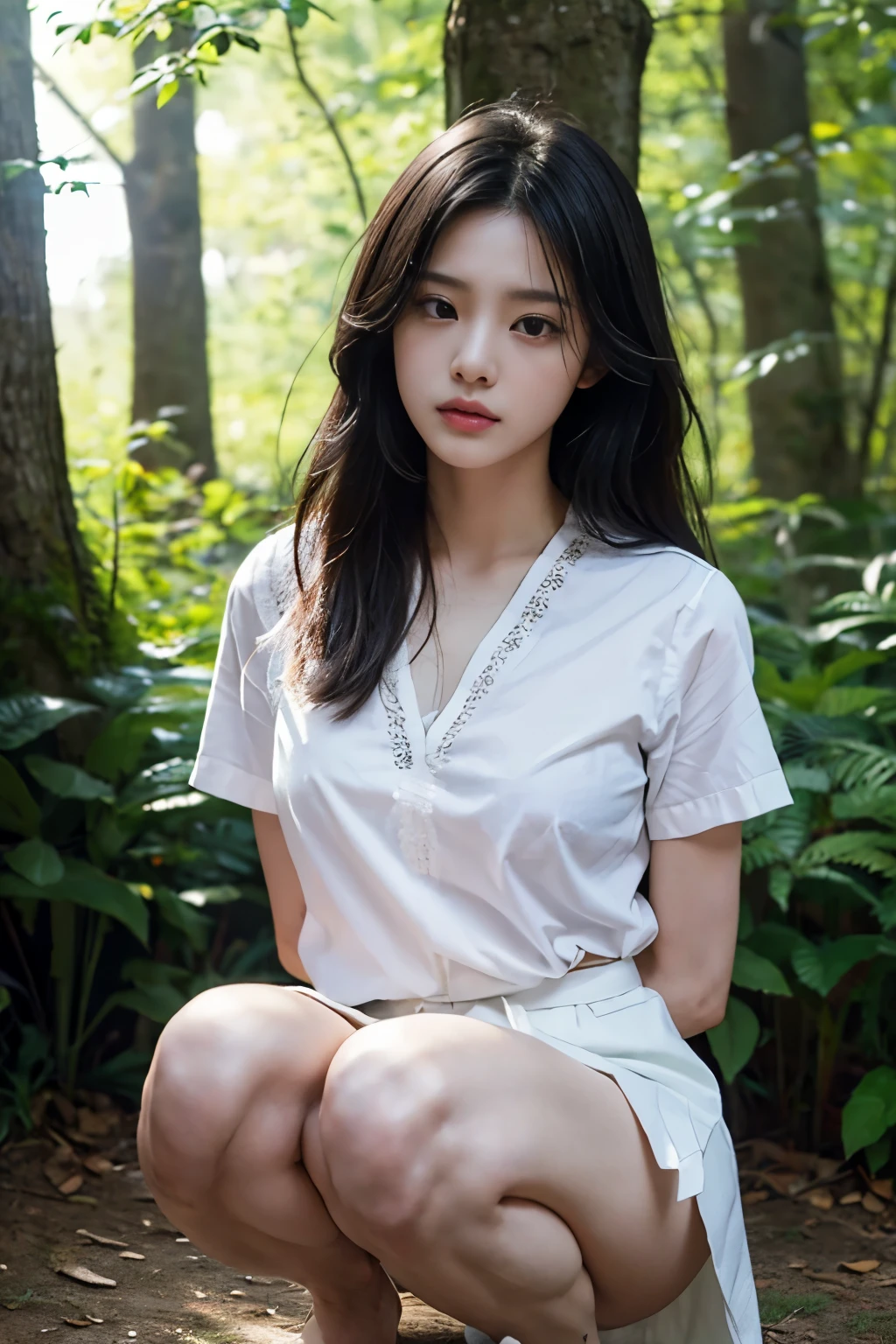 8k, Raw photo, highest quality, masterpiece:1.2), masterpiece, highest quality, figure, Very detailed, Fine details, High resolution, 8k,wallpaper, Perfect dynamic composition,(Detailed high quality, Realistic depiction of eyes:1.3)、A woman who has been and has her hands tied、Arms wrapped around his back、Crouching with legs apart on a forest path、knees apart、White panties are visible、Facing forward、21talent、Beauty、Well-formed face、Make your eyes even、Beautiful black hair、Has bangedium build、Well-balanced proportions、Beautiful legs、Short sleeve blouse、Long skirt、Sad face、Beautiful scenery、