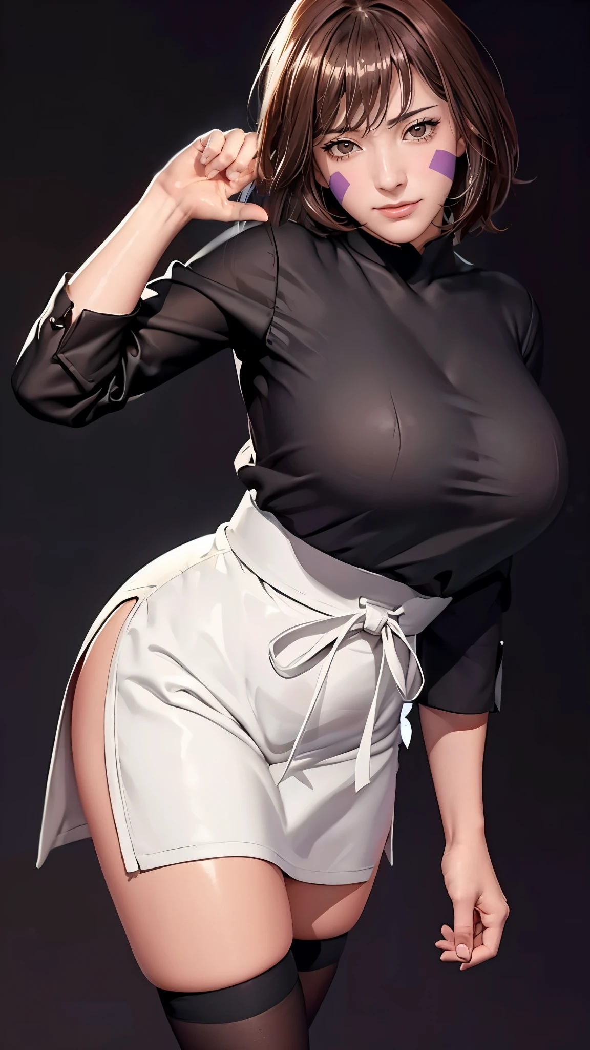 （（（完美figure，figure，solo， White and tender skin，（（（Cyberpunk，black shirt，bike shorts，long sleeves，waist apron，toeless footwear，black thighhighs））），（（（TsunadeLora,short hair，brown hair，facial mark，brown eyes，））），((masterpiece)),high resolution, ((Best quality at best))，masterpiece，quality，Best quality，（（（ Exquisite facial features，Looking at the audience,There is light in the eyes，(（（Smile，confidence））），型figure:1.7））），（（（Light and shadow，Huge breasts））），（（（Looking at the camera，black background，Bend forward)）））