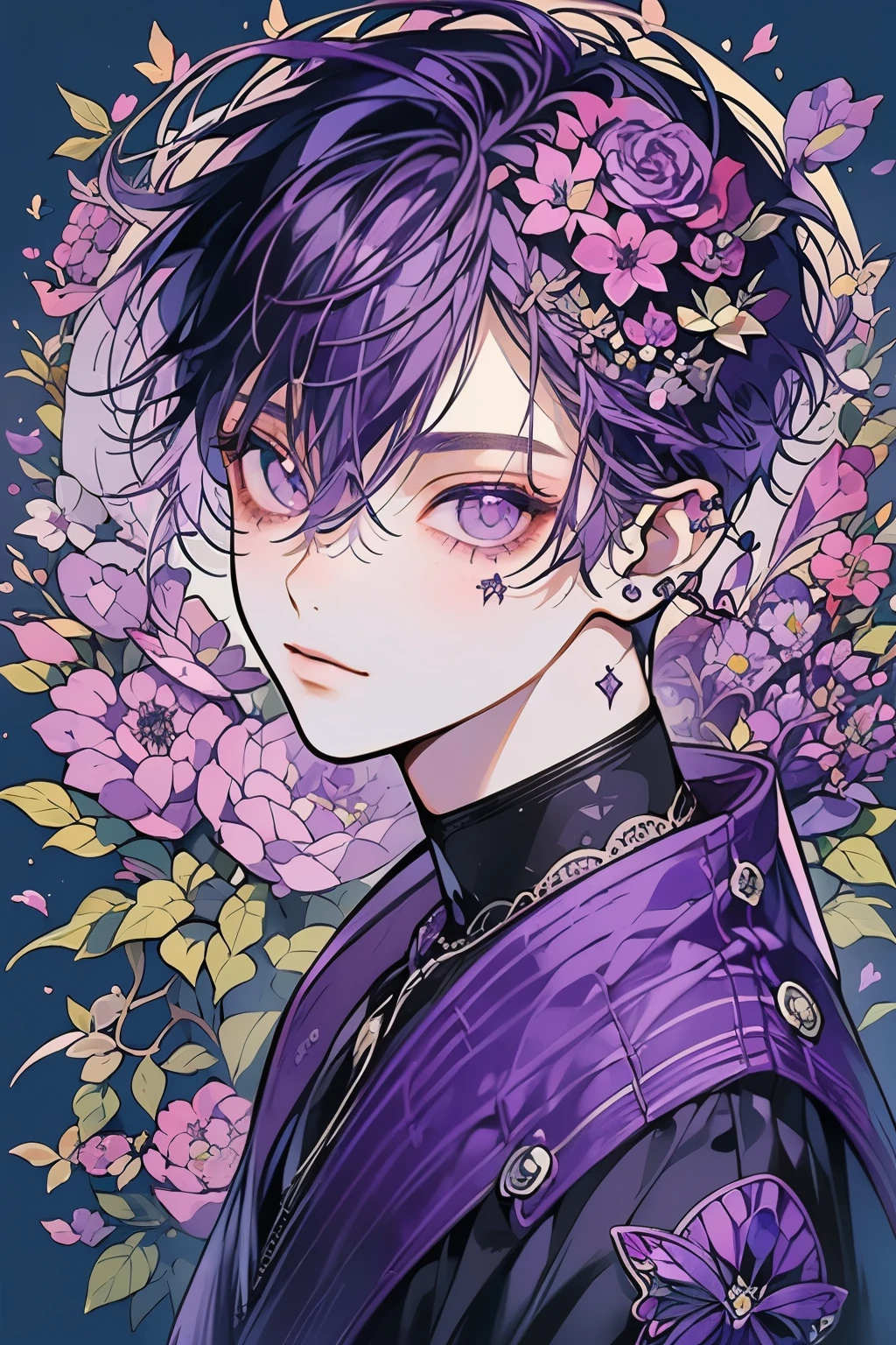 (Tabletop), (highest quality), Very detailed, 1 boy, Focus Only，Perfect Face, Beautiful Face, Very detailed顔，(Purple Hair:1.3)，(Purple eyes:1.3)，flower butterfly々，petal，Optics，Shiny，(One eye is hidden by hair:1.4)
