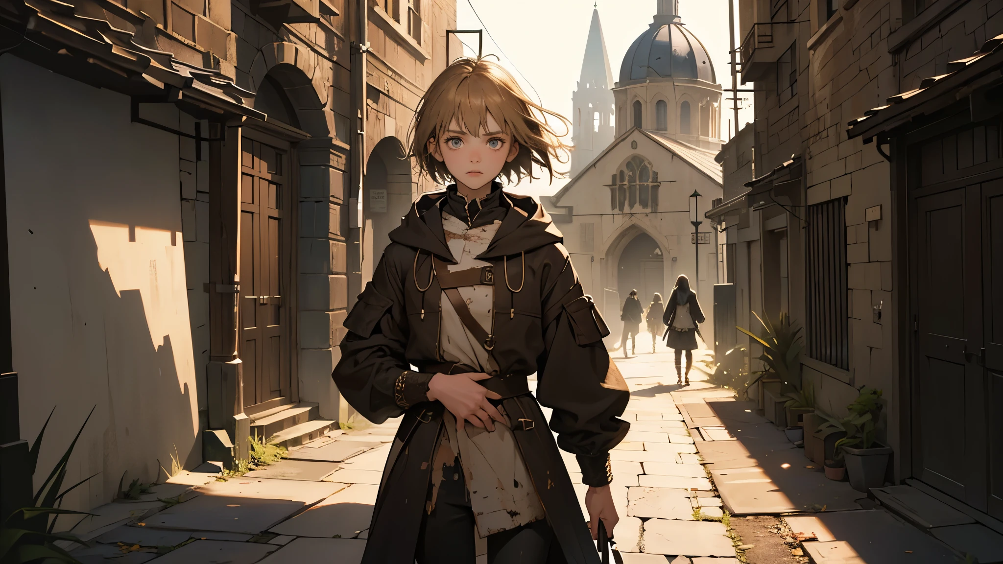 masterpiece, ultra detailed, 8K Portrait, Raw photo, a portrait photo of girl, Highly detailed face, beautiful and meticulous eyes, ((Fantasy)), 10 year old, young girl, little, dark blonde short hair, brown eyes, Kind face, skinny, (dirty and tattered clothes), dirty and tattered hooded long white coat Fluttering in the wind, ((bare foots)), Midday Sun, Hyper realistic, in a medieval back alley, Ambient lighting, Shadow details , strong breeze, Light fog