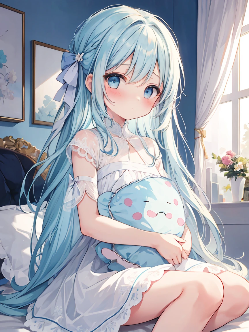 masterpiece, best quality, extremely detailed, (illustration, official art:1.1), 1 girl ,(((( light blue long hair)))), light blue hair, ,, long hair ((blush)) , cute face, big eyes, masterpiece, best quality,(((((a very delicate and beautiful girl))))),Amazing,beautiful detailed eyes,blunt bangs((((little delicate girl)))),tareme(true beautiful:1.2), (best quality, highres, masterpiece:1.2), beautiful girl, sitting alone, looking at the viewer, , long hair, hair bow, pajamas, polka dots, indoor, bedroom, pillow, holding a pillow, hugging a pillow, window, night sky, stuffed animal, messy room, curtains, closed mouth, blushing, sweat drops、(flat chest),shinshitsu
