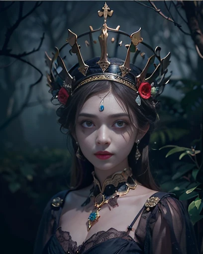 highest quality, masterpiece, Attention to detail, Intricate details, Realistic, Mysterious Halloween woman with bright expression, Spooky atmosphere、Photographic images、Crown makeup
