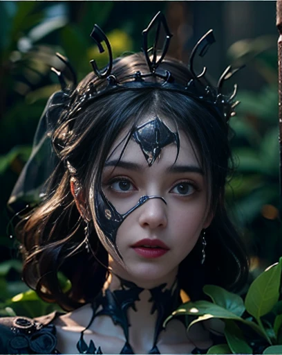 highest quality, masterpiece, Attention to detail, Intricate details, Realistic, Mysterious Halloween woman with bright expression, Spooky atmosphere、Photographic images、Crown makeup