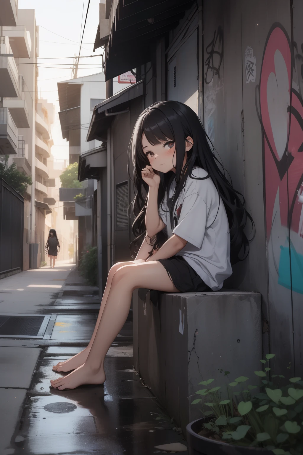 1 girl, chibi, wavy black long hair, age 15, sitting and leaning on the exterior wall of the building, knees up, torn and dirty clothes, barefoot, sad expression, dark alley, garbage cans, graffiti on the wall, no one else around, moonlit night