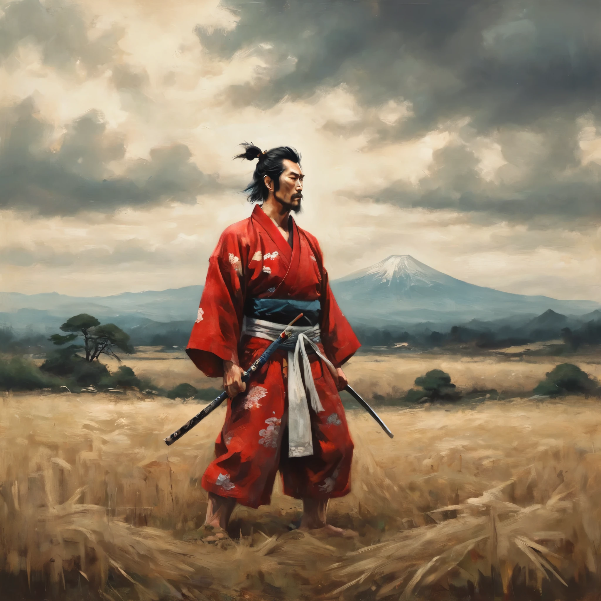 painting of a man in a red kimono standing in a field, feudal japan art, samurai man vagabond, samurai duel, samurai style, ancient japanese samurai, inspired by Kanō Sanraku, pino daeni and dan mumford, miyamoto musashi, japanese samurai, in feudal japan, inspired by Kanō Hōgai