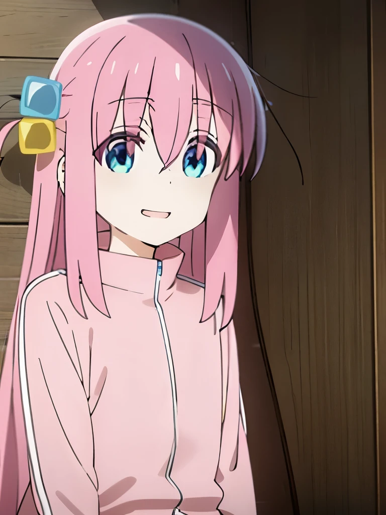 Bocchi, cube hair ornament, pink hair, long hair, pink jacket, blue eyes, hair between eyes,bangs, sidelocks, smile mouth, face of happiness