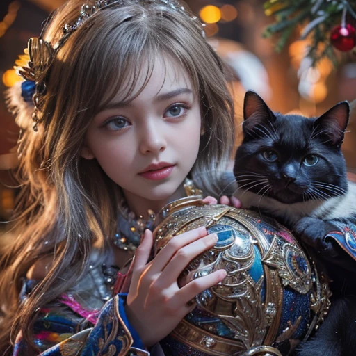 Shiny winter ornaments),High resolution,Sharp focus,(Very detailed,Very detailed),(Realistic artwork:1.37),(Very detailed CG unity 8k wallpaper),(((Vibrant colors,Vivid Themes))),(Complex),(masterpiece),(highest quality),Artistic photography,(photo shoot:SLDR),(Complex background),perfectly rendered face,Perfect facial details,Realistic Face,Realistic,Analog Style,((Complex detail)),(((realism))), Holding a pet, Black cat, Cat and girl
