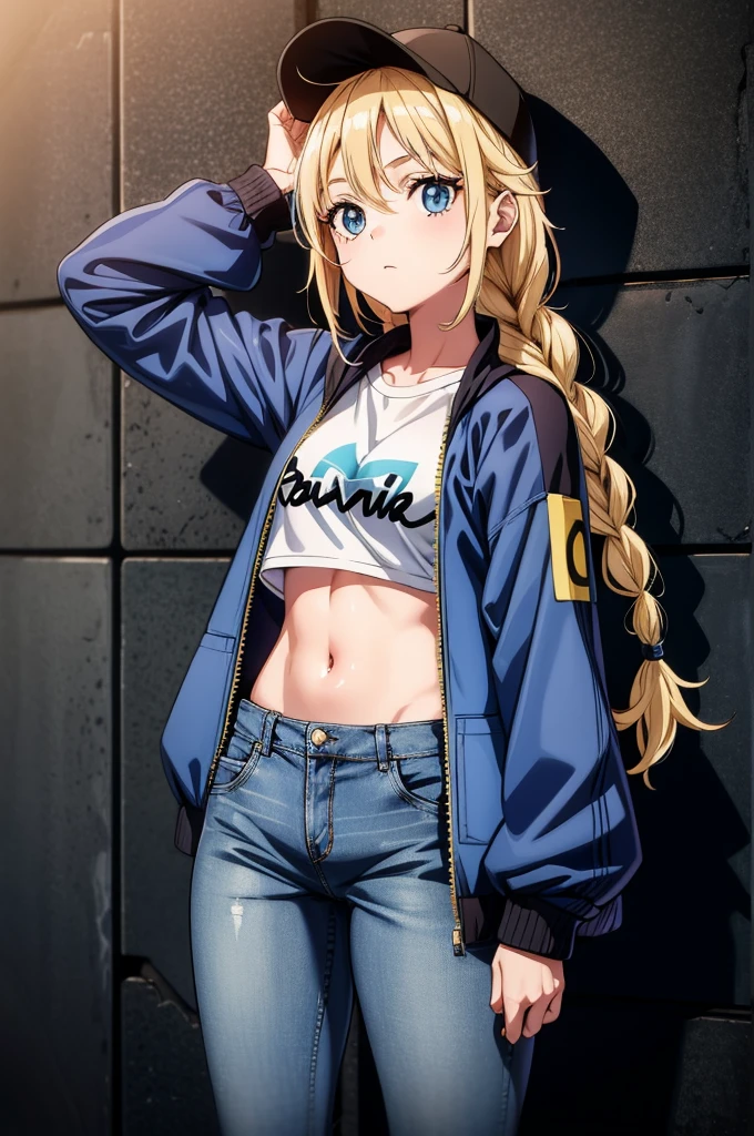 a cartoon woman with blonde hair, blue jeans and a black hat is standing next to a wall, 1girl, solo, navel, long hair, denim, pants, hat, blue eyes, blonde hair, braid, baseball cap, crop top, long sleeves, hand on headwear, stomach, jacket, looking at viewer, breasts, jeans, black headwear, midriff, zipper pull tab, blue jacket, cowboy shot, zipper, twin braids, holding bag, cropped jacket
