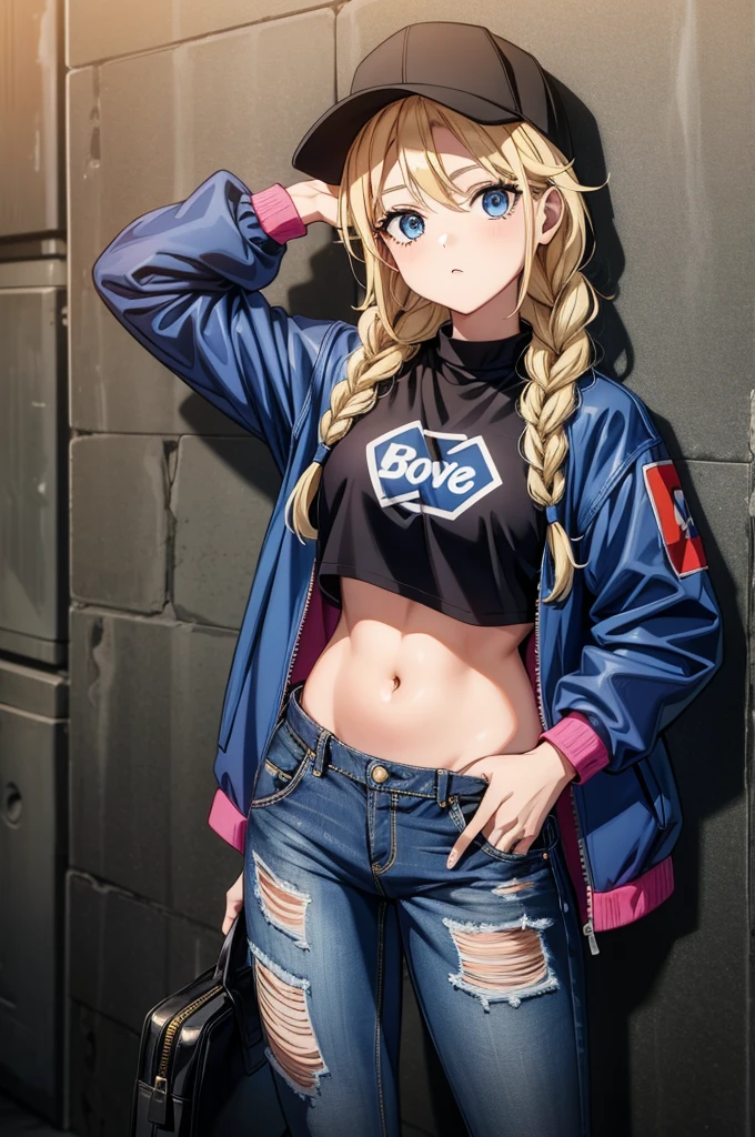 a cartoon woman with blonde hair, blue jeans and a black hat is standing next to a wall, 1girl, solo, navel, long hair, denim, pants, hat, blue eyes, blonde hair, braid, baseball cap, crop top, long sleeves, hand on headwear, stomach, jacket, looking at viewer, breasts, jeans, black headwear, midriff, zipper pull tab, blue jacket, cowboy shot, zipper, twin braids, holding bag, cropped jacket