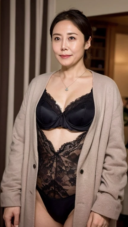 Rich in details,High resolution、Extremely detailed,(超High resolution),(8k UHD best quality), Wearing beautiful lingerie,Perfect body,(Chest:2.5),necklace,Short hair ponytail,confidence、black boxer briefs,coat open、60 year old beauty