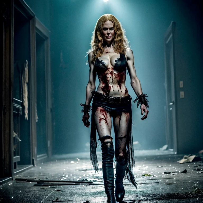 A striking full-body photo of Nicole Kidman portraying a solo zombie. She is dressed in tattered clothing, her face gaunt and smeared with makeup to create a ghastly appearance. Her arms are outstretched, and her eyes hold a menacing glare. The background is dimly lit, with an eerie atmosphere that intensifies the eerie vibe of the scene., photo