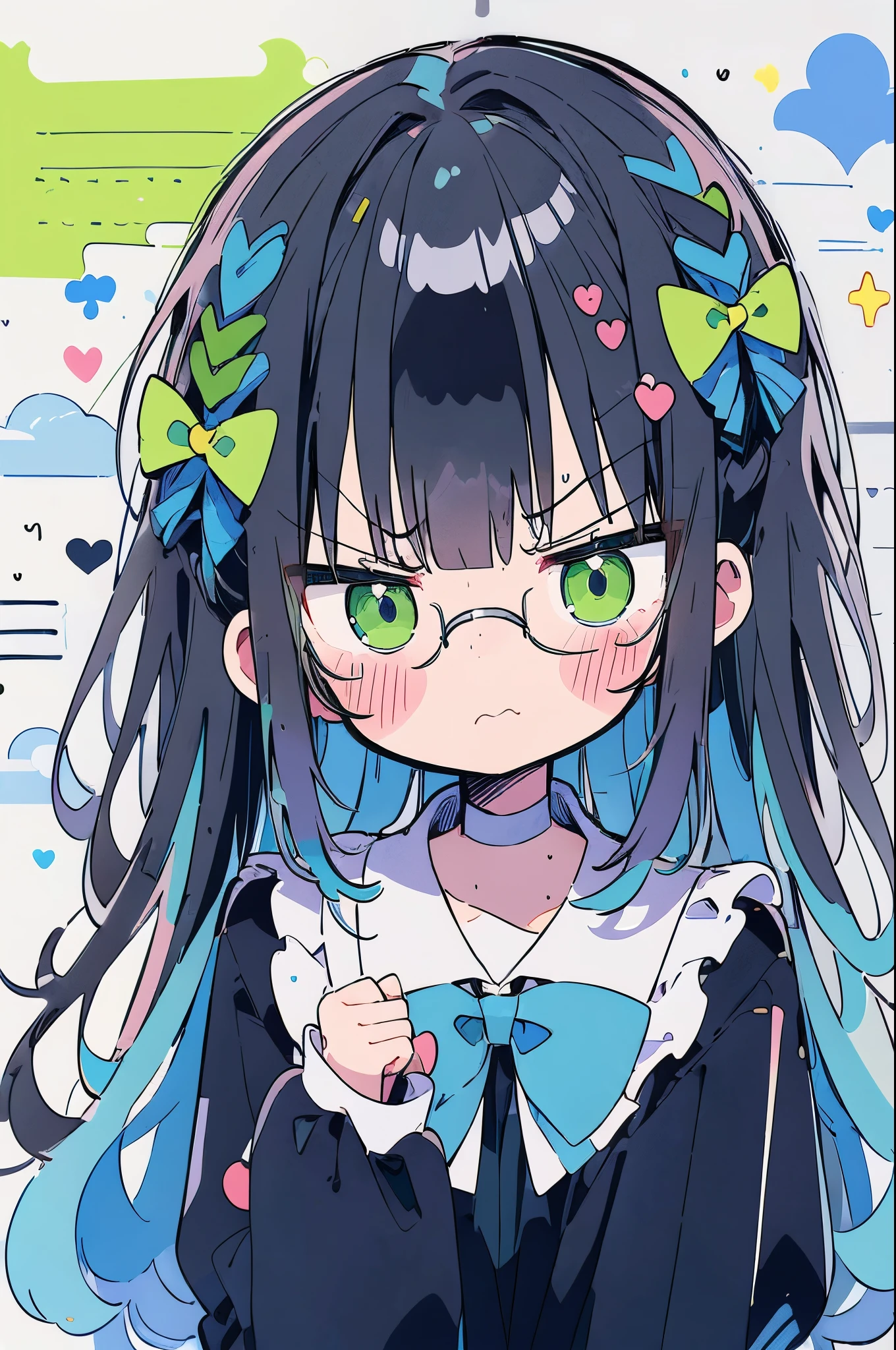 (cute illustration:1.5),1girl, solo, (angry:1.3),long hair, blush, bangs, shirt, black hair, long sleeves, bow, closed mouth, green eyes, blue hair,upper body, hair bow, multicolored hair, glasses, shout, two-tone hair, sleeves past wrists, green bow, colored inner ,hairlooking at viewer, 