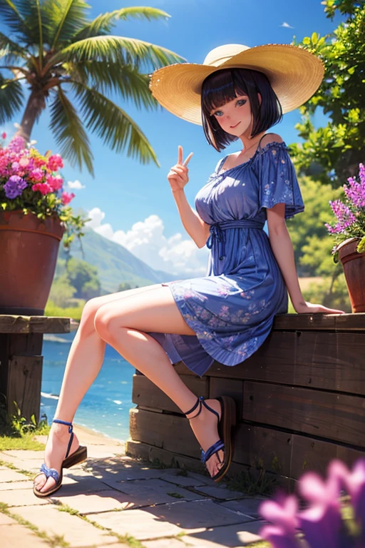 (full body:1.4), Beautiful 18 yo woman of Scottish descent. Brunette, blue eyes, sexy figure, natural breasts, perfect ass, (bob cut),(bangs), Sunhat, sunglasses, lavender floral ruffle dress, sandals. Cute (smile).