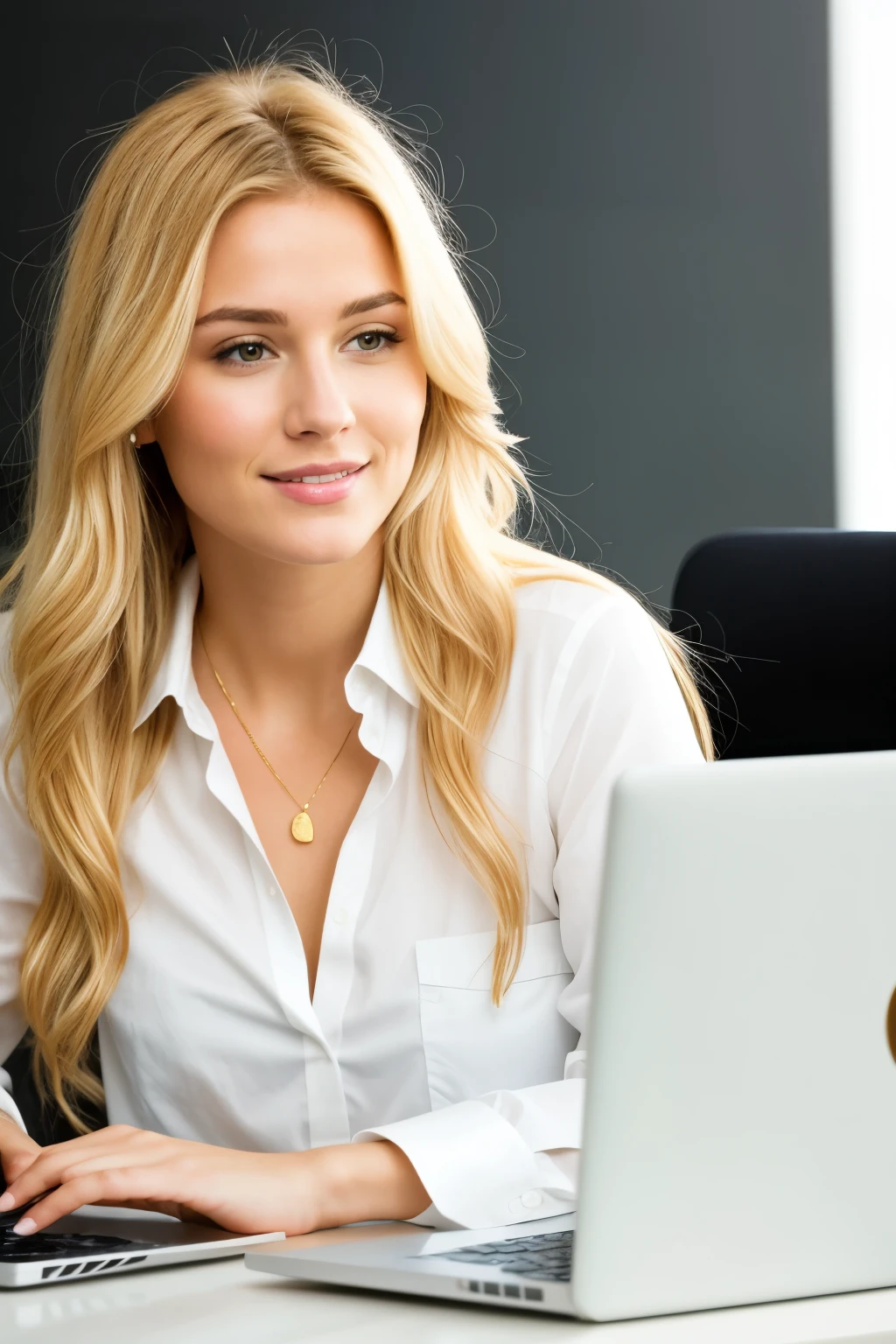 
photorealistic, beatiful woman, golden hair, working with a laptop, dressed in a white shirt in the office, HD.