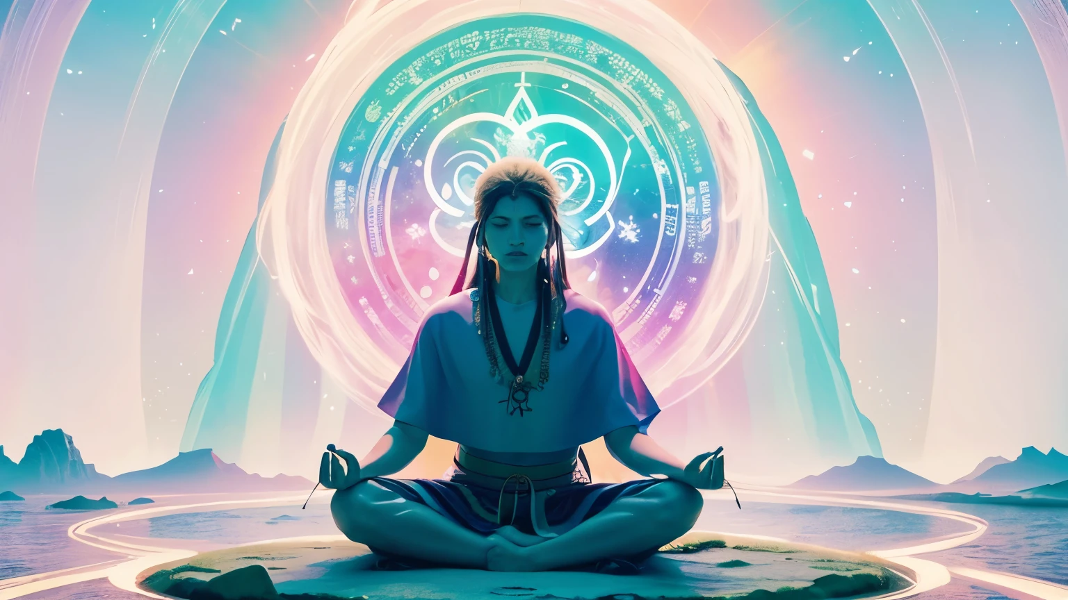 A shaman meditating in a vibrant environment, paisagem iluminada de outro mundo, surrounded by ethereal spirits and symbols of the spiritual realm. Symbols of nature, OM, zen, Mystic, cores vibrantes, Imagem com pelo menos 300 dpi, Ultra HD, Detalhes intrincados