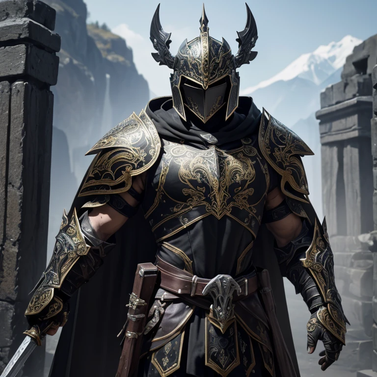 master piece, best quality, 4k, (master piece:1.5), (best quality:1.5), 8k,wallpaper, Full Body, A Male dark fantasy knight wearing an intricate elaborate white armor with black ornaments, hoplite general helmet, red large cape, wearing a long spear, in front of a giant gate, front gate background