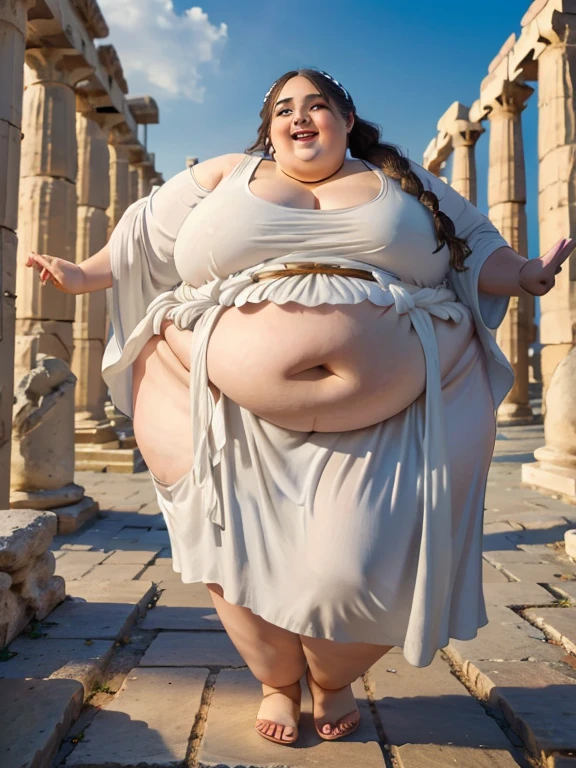 masterpiece, best quality, an ssbbw obese girl in an ancient greek temple, ancient greece, obese, fat, cute, greeek, wearing a white robe, toga robe, enormous, smiling, temple,