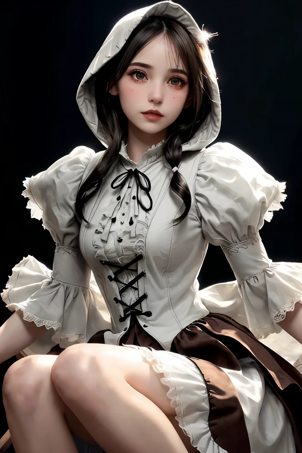 mpts
Copy
(((masutepiece, of the highest quality, super detailed))), hand drawn style, hand painted style, watercolour, sketch, a knight, white background, plain background, Bloodborne inspired, tatty Bloodborne attire, occult aesthetic, occult, tatty red and white clothing detailed and intricate steampunk and detailed gothic ta (with a hood), diadems, long coat, Complex laced boots, Fluttering lace flared long knee length dress with frilly petticoats, long dress, knee length dress, pleated petticoats, loliress, petticoats gothic lolita, tiful small breasts, (((( Highly detailed face))), small thin nose, Small thin lips mouth, (((Very sharp focused eyes))), Very large slit precision pale grey eyes that shine like jewels. very long eyelashes, Silver hair swaying in the wind, Emitting a dazzling light in a mandala pattern, white background, Very dramatic and cinematic lighting, tatty damaged old red and white clothing, full body, whole body, body, cosmic horror, grim dark