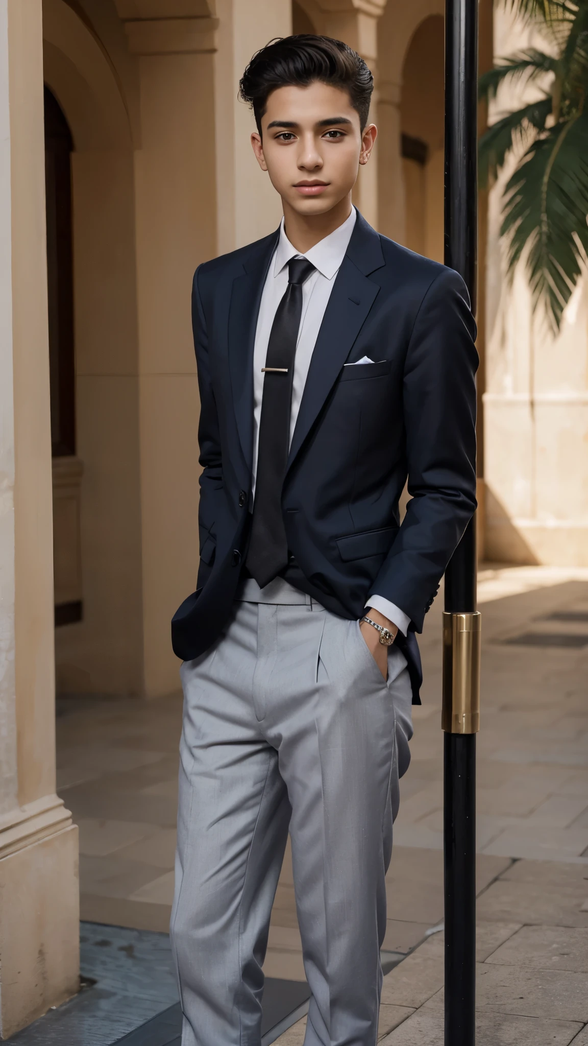 Hay un hombre con traje y corbata posando para una foto., around 19 years, taken in the early 2020s, riyahd cassiem, 18 years, mohamed chahín, tommy , jovencito, 16 years oldcta y chico, taken in the late 2000s