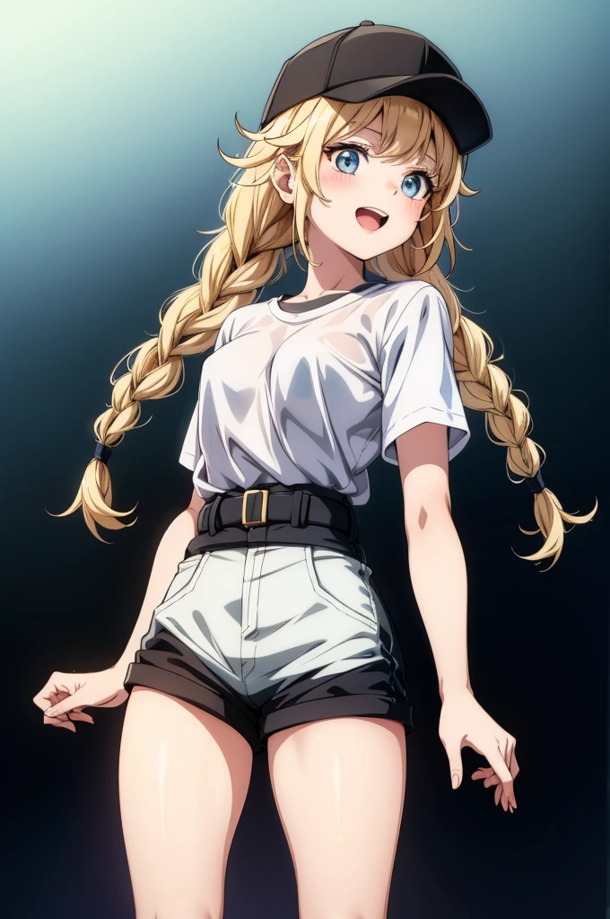 there is a young female with blonde hair posing by a light-colored background, 1girl, solo, hat, blonde hair, blue eyes, shorts, braid, shirt, twin braids, baseball cap, breasts, short sleeves, short shorts, white shirt, looking at viewer, long hair, black shorts