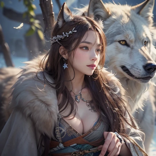 Lakeside surrounded by snowy mountains、Hair flow、 ((highest quality、masterpiece、8k、Best image quality、Ultra-high resolution、Award-winning works)、(Accurate anatomy:1.1)、(Look at me and smile:1.1)、Shining fair skin with Ultra-high resolution、The most detailed face、Ultra-high resolution detailed face、Ultra-high resolutionの髪の毛、(Ultra-high resolutionの煌めく瞳:1.1)、Beautiful face drawn in every detail、Ancient Viking clothing, Chest to chest, tattoo, A real wolf is by your side