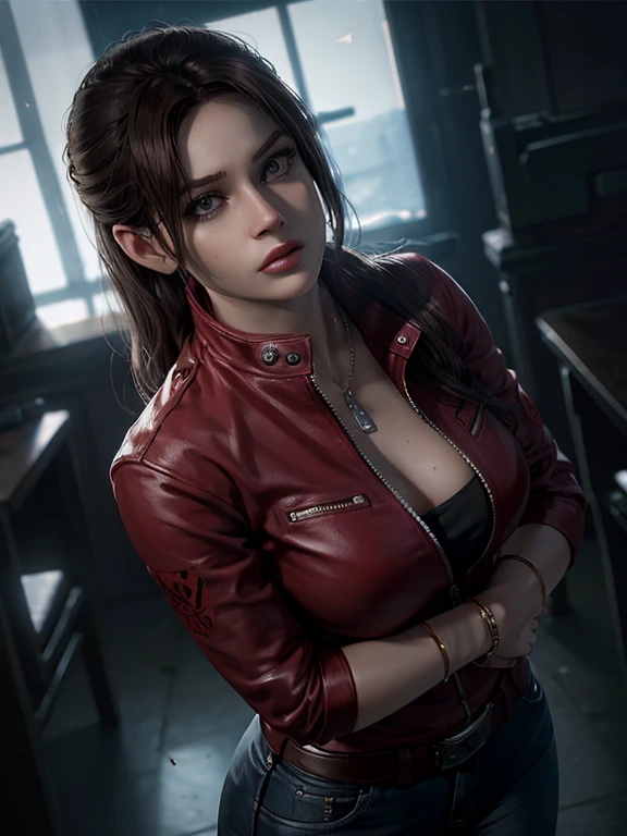 Claire Redfield, {{master part, best quality, CG extremamente detalhado, Unity 8k papel de parede, Cinematic lighting}},  1girl, Mulher nova, corpo inteiro, dia ensolarado, belos olhos detalhados, (seios grandes, clivagem), Bunda redonda, looking up at the audience, long eyelashes